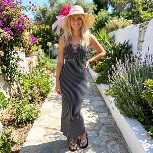 Sans Souci black white stripe, criss-cross front, sexy slit, maxi sundress, sz M